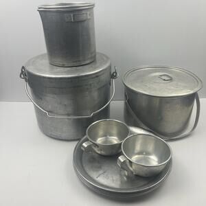 Vintage Wear Ever No 67 Aluminum Camping 12 Pc Cook Set Pots Plates Cups USA